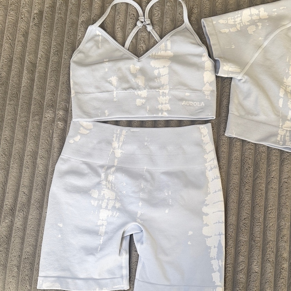 Aurora Light Blue Tie-Dye Sports Bra & Biker Shorts Set